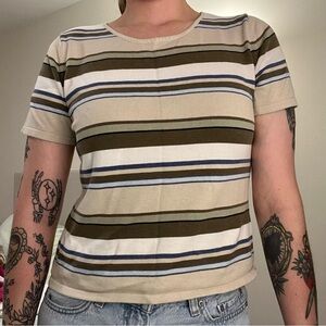 Casual Beige and Green Striped Women's Tee